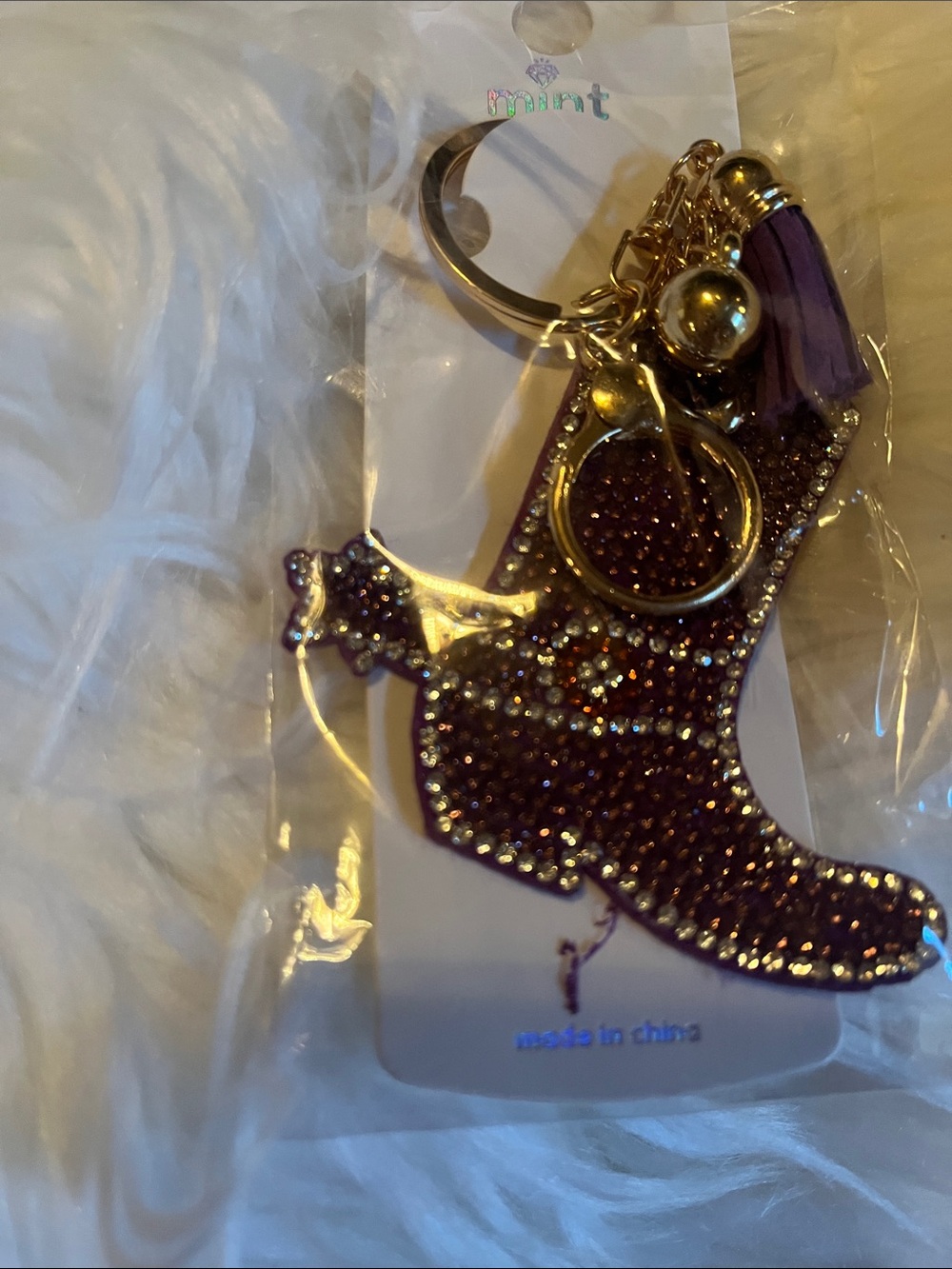 Mint Purple Rhinestone Cowboy Boot Key & Card Holder Charm